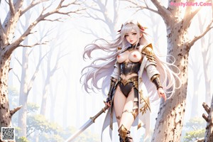 A woman with long white hair wearing a revealing outfit and holding a sword.