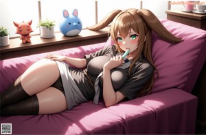 A woman in a white bra top and blue pants sitting on a green couch.