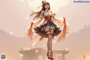 A woman in a red and white dress standing in front of a building.