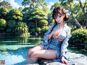 A woman in a blue kimono standing in a pond.
