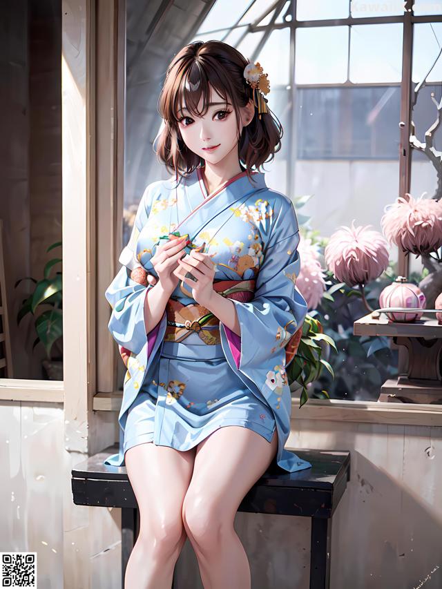 A woman in a blue kimono sitting on a window sill.