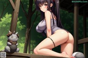 A naked anime girl with long brown hair and bunny ears.