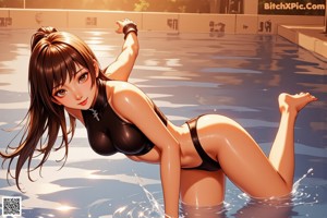 A woman in a black bikini sitting by a swimming pool.