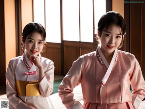 A woman in a pink and blue hanbok poses for a picture.