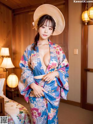 A woman in a blue kimono sitting on a bed.