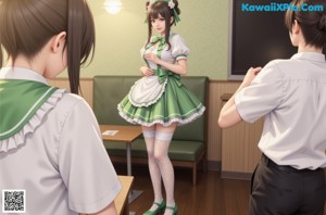 A girl in a green dress with a flower in her hair.