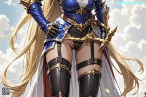 A woman with long blonde hair and blue eyes holding a sword.