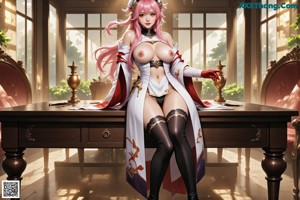 A woman with long pink hair wearing an elaborate outfit stands by water.