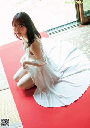 A collage of photos of a woman in a red and white dress.