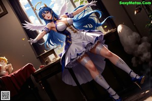 A woman in a white dress with blue hair and angel wings.