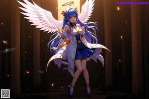 A woman in a white dress with blue hair and angel wings.