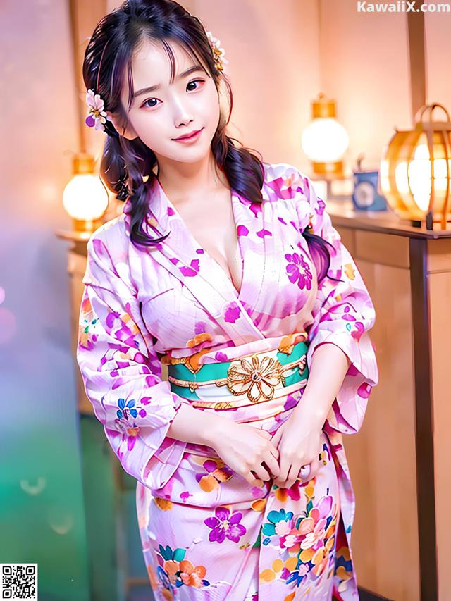 A woman in a pink kimono posing for a picture.