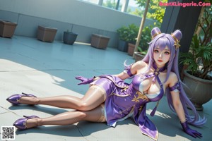 A woman in a purple dress sitting in the woods.