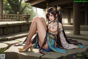 A woman in a chinese dress with big tits posing for the camera.