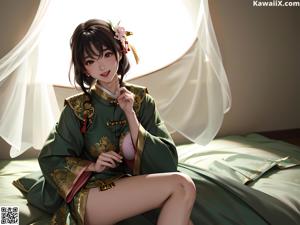 A woman in a kimono sitting on a bed.