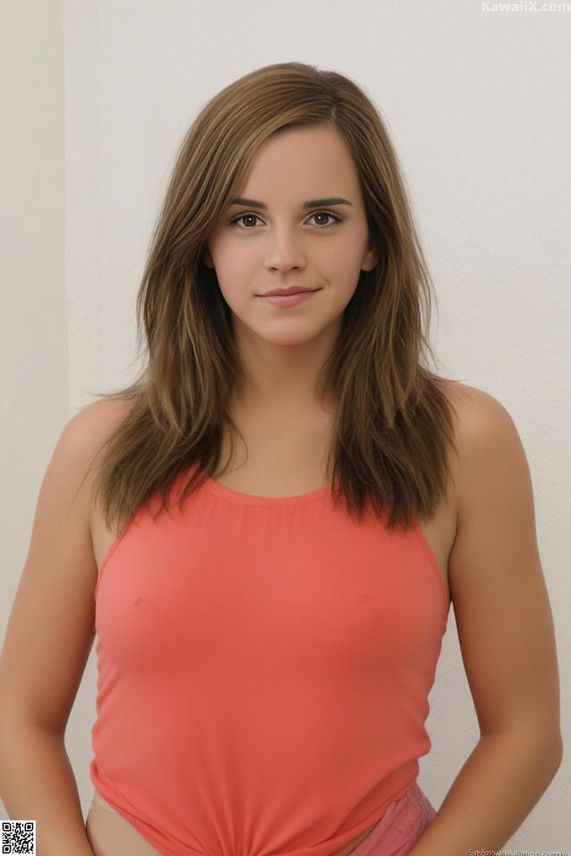 A young woman in a pink tank top posing for a picture.