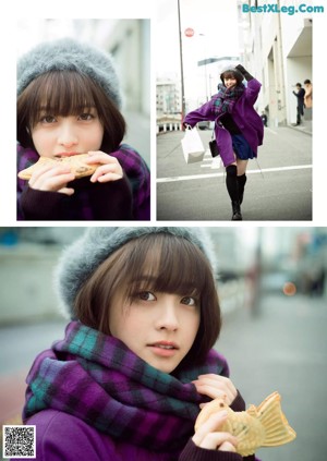 A collage of photos of a woman wearing a scarf.