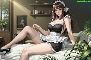 A woman in a maid outfit sitting on a bed.