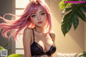 A woman with long pink and blue hair in a pink bikini.