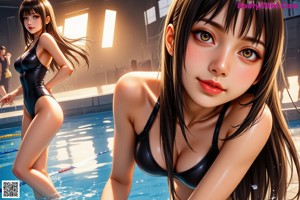 A woman in a bikini sitting in a pool.