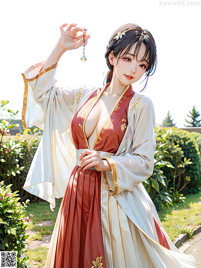 A woman in a red and white dress holding a key.