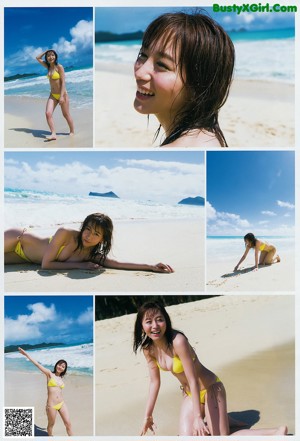 A woman in a yellow bikini standing on a beach.