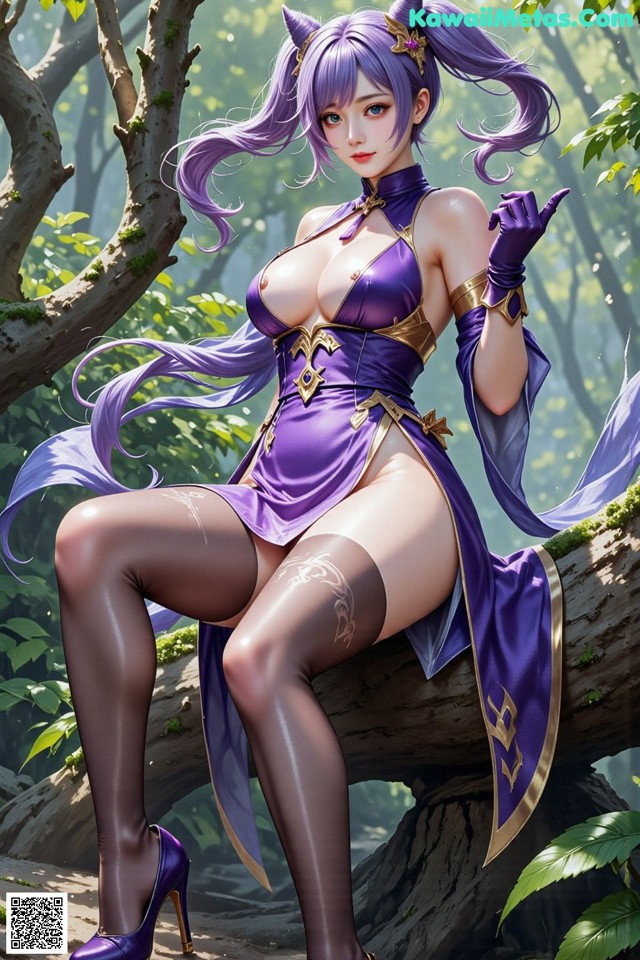 Hentai - Sovereign of Lightning in Exquisite Garb Set.2 20250126 Part 1 No.6c6146 A woman in a purple dress sitting on a tree branch.