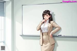 A woman in a business suit standing in an office.