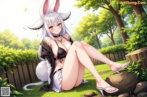A naked anime girl sitting on a bed next to a window.