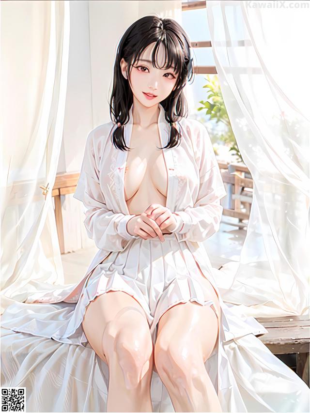 A woman in a white robe sitting on a bed.