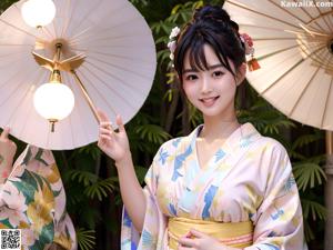 A woman in a pink kimono leaning against a window.