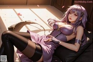 a sexy anime girl with long purple hair and a black outfit