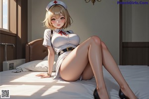 A woman in a white nurse outfit posing on a bed.