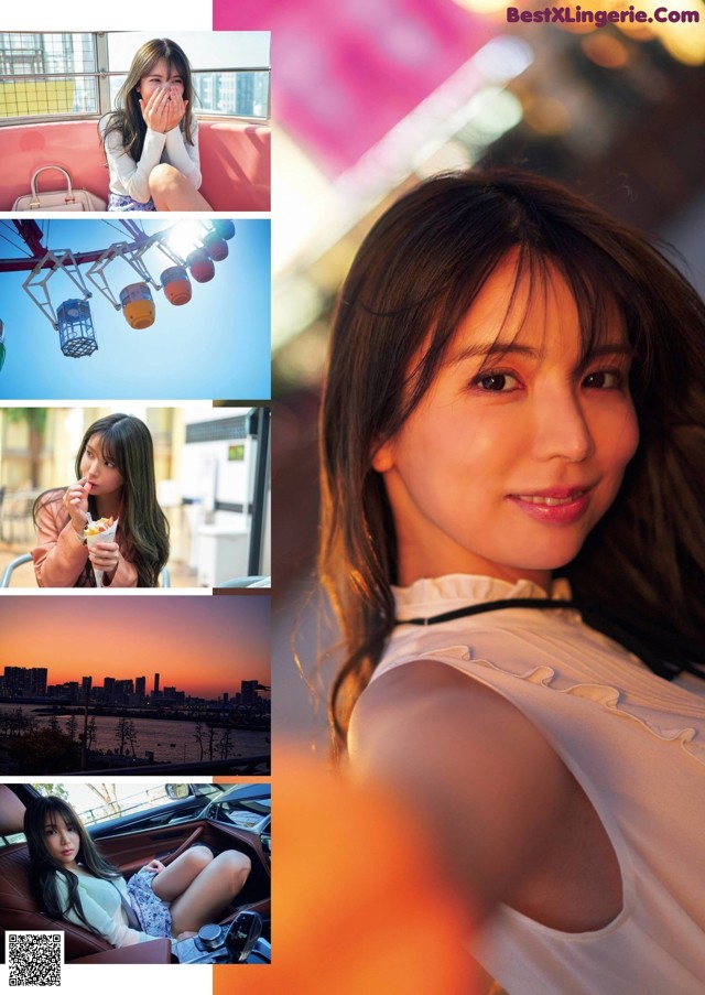 A collage of photos of a woman sitting in a car.