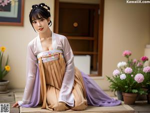 A woman in a pink and blue hanbok standing in a garden.