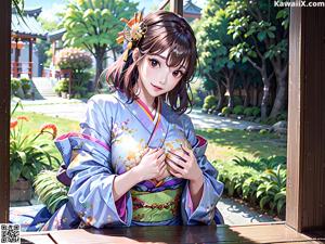 A woman in a blue and yellow kimono posing for a picture.