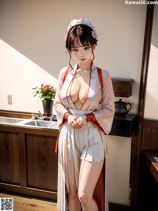 A woman in a white and red kimono standing in a kitchen.