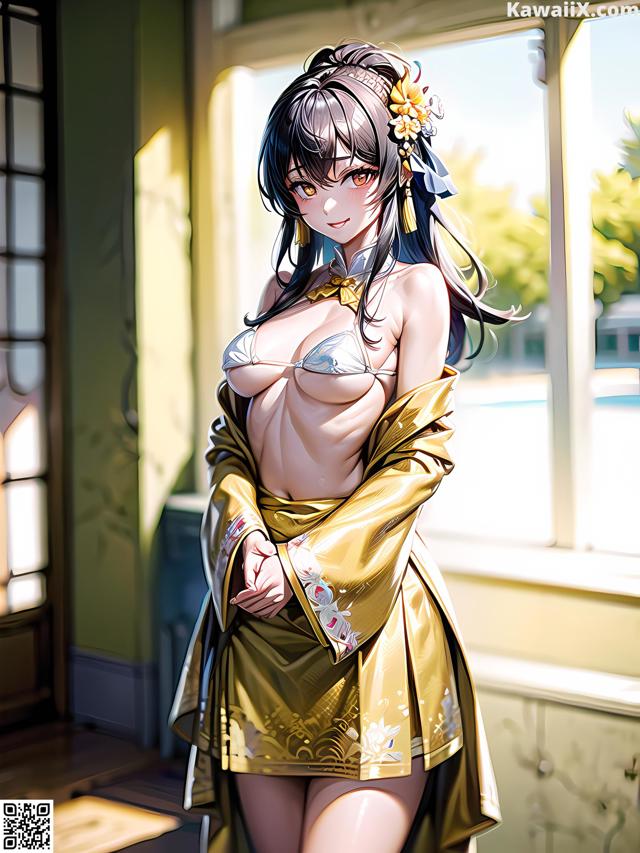 A woman in a yellow kimono standing in front of a window.