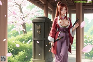 A woman in traditional attire holds a sword amidst blossoms.