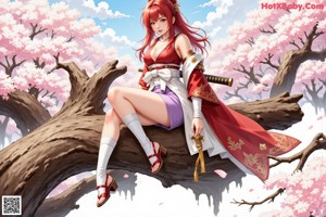 A woman in traditional attire holds a sword, surrounded by cherry blossoms.