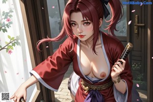 A woman in a white outfit with a purple sash stands under cherry blossoms.