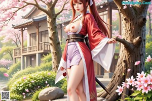 A woman in a red and white kimono with cherry blossoms in the background.