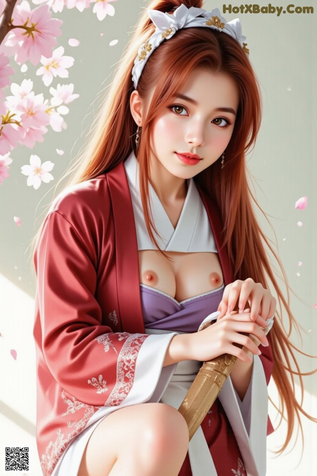 A woman in traditional attire holds a staff, surrounded by cherry blossoms.