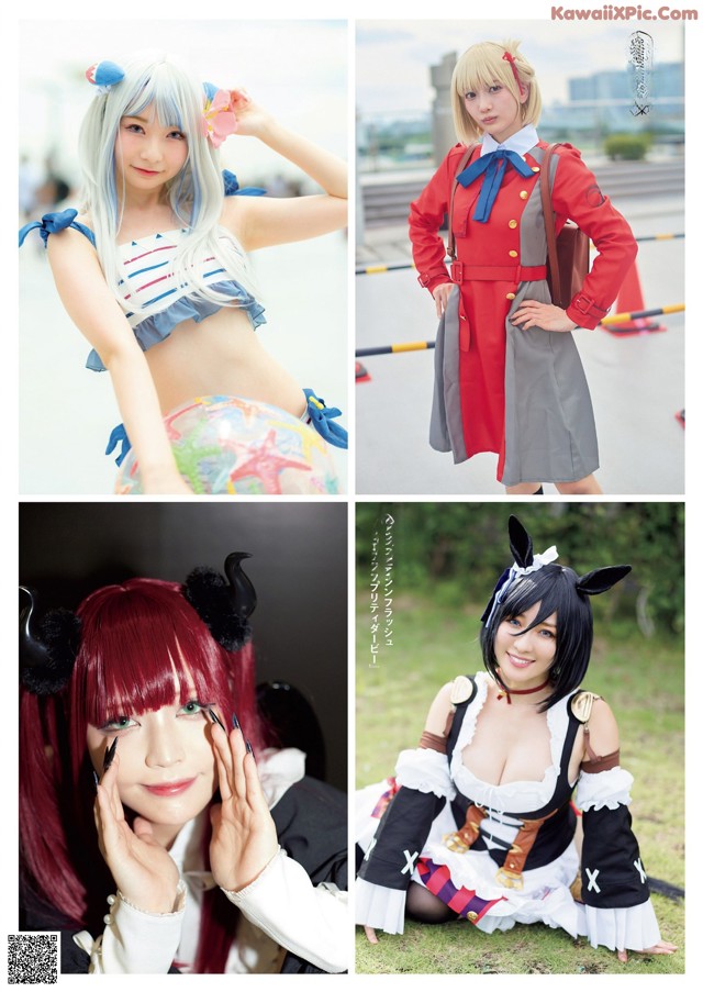 A group of four pictures of a woman dressed in costumes.