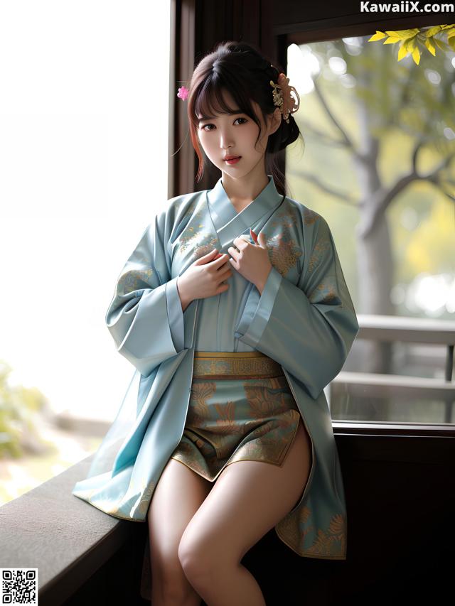 A woman in a blue kimono sitting on a window sill.