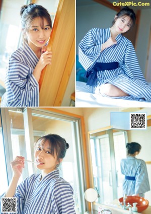 A woman in a blue top is posing for a magazine.