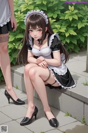 A woman in a maid outfit walking on the beach.