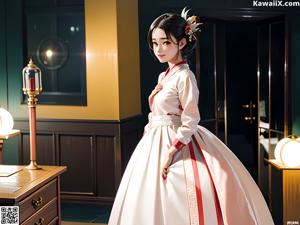 A woman in a white dress standing next to a dresser.