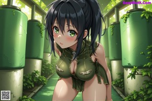 A woman in a military outfit sitting on a green chair.