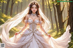 A woman in a wedding dress holding a bouquet of flowers.